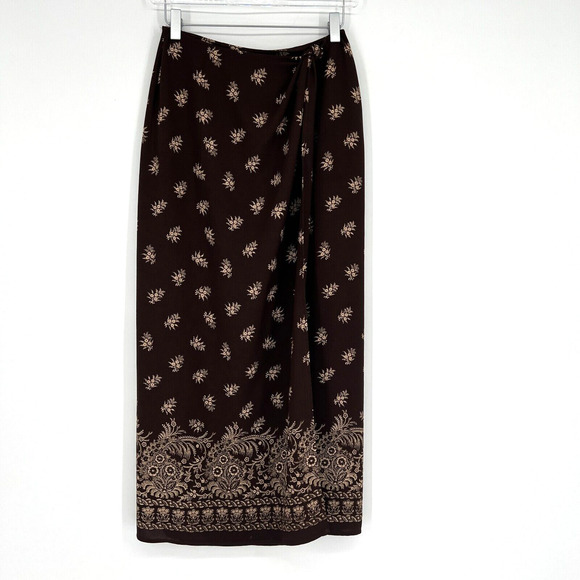 Emmanuel Ungaro Liberte Wrap Skirt Womens 4 Midi Brown Floral Boho Festival - Picture 1 of 8